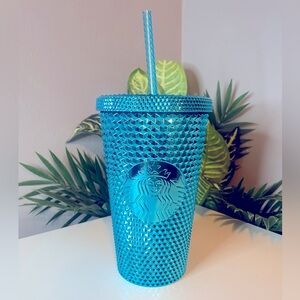 NWT 💙Starbucks Blue Chrome Studded Tumbler Grande cold cup 16oz with straw